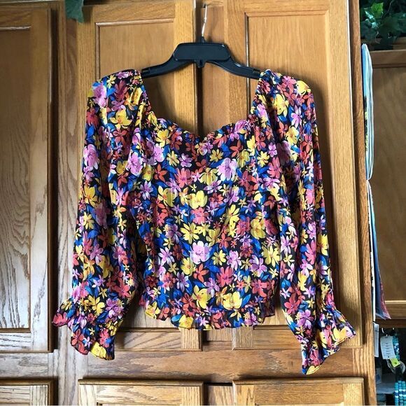 Anthropologie SKIES ARE BLUE Floral Balloon Sleeve Crop Top Metallic Stitch - XS - Picture 6 of 12
